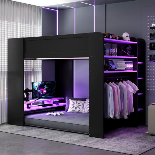 Full Size Wood Bunk Bed with height-adjustable Desk,Wardrobe,Ample Storage Space,and RGB Light, Purple - Not Specified