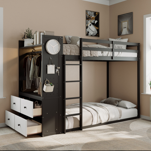 Twin Size Bunk Bed with 4 Storage Drawers, Hanging Rail, Light Strip and Built-in Shelves & Dual Pegboards, 3 Colors Available,Black - Wood - Wood