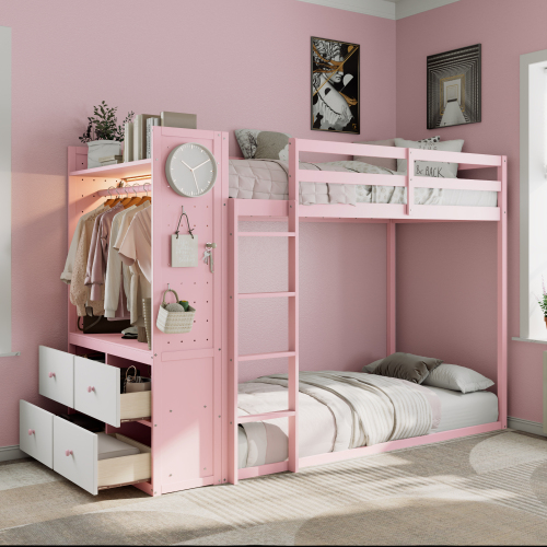 Twin Size Bunk Bed with 4 Storage Drawers, Hanging Rail, Light Strip and Built-in Shelves & Dual Pegboards, 3 Colors Available,Pink - Wood - Wood