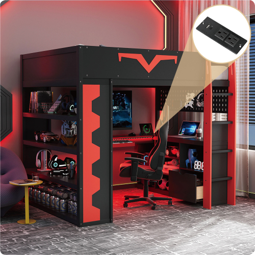 Full Size Gaming Loft Bed with Integrated Desk & RGB LED Lights, Pro-Gamer Bed with Power Outlet, Large Bookshelf, Pegboard, Keyboard Tray & Storage Drawer, 3 Colors Available, Red - Wood - Wood