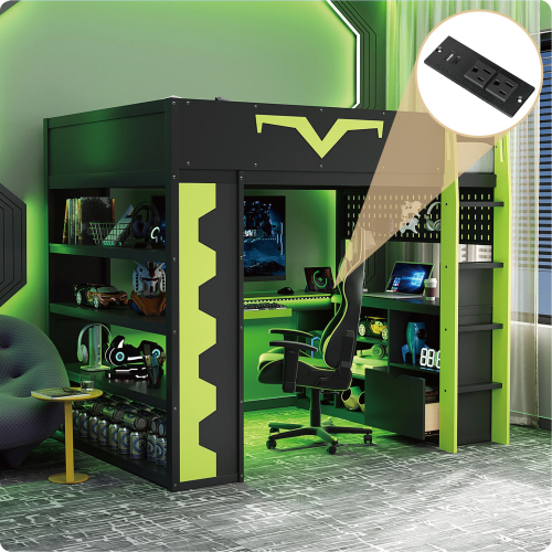 Full Size Gaming Loft Bed with Integrated Desk & RGB LED Lights, Pro-Gamer Bed with Power Outlet, Large Bookshelf, Pegboard, Keyboard Tray & Storage Drawer, 3 Colors Available, Green - Wood - Wood