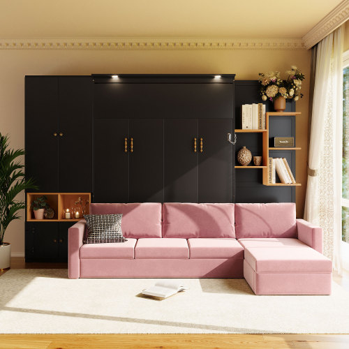 Queen Size Murphy Bed with Large Sofa, Storage Shelves & Cabinets, Modern Space-Saving Wall Bed with Dual Lights-Black & Pink Sofa - Solid Wood+MDF