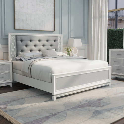 Galaxy Upholstered Tufting Panel Bed with LED Lights in Pearlized White, King - Silver+White - Solid Wood+MDF - Wood - Contemporary - Bedroom - Bed Frame - Box Spring Required - Poplar - Polyester - Wood