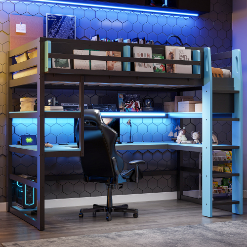 Twin Size Wood Loft Bed with Desk,Side storage rack,Multi-storage Shelves and RGB Light,Cloud Blue - MDF+LVL,Wood - MDF