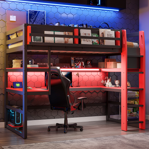 Twin Size Wood Loft Bed with Desk,Side storage rack,Multi-storage Shelves and RGB Light,Red - MDF+LVL,Wood - MDF