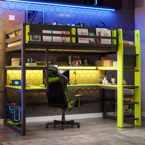 Twin Size Wood Loft Bed with Desk,Side storage rack,Multi-storage Shelves and RGB Light,Green - MDF+LVL,Wood - MDF