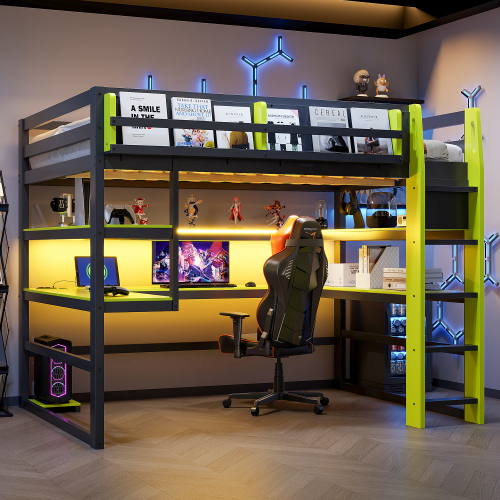 Full Size Wood Loft Bed with Desk,Side storage rack,Multi-storage Shelves and RGB Light,Green - MDF+LVL,Wood - MDF