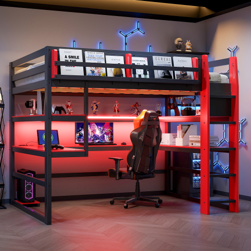 Full Size Wood Loft Bed with Desk,Side storage rack,Multi-storage Shelves and RGB Light,Red - MDF+LVL,Wood - MDF