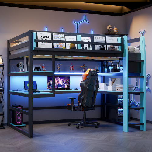 Full Size Wood Loft Bed with Desk,Side storage rack,Multi-storage Shelves and RGB Light,Cloud Blue - MDF+LVL,Wood - MDF