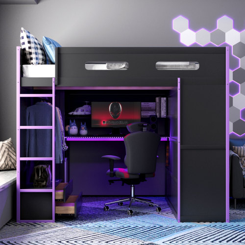Full Size Wood Loft Bed with Desk,Wardrobe,Ample Storage Space,and RGB Light, Purple - Not Specified