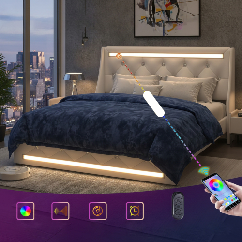 Queen Size Bed Frame with LED Lights, Upholstered Bed Frame with Charging Station, Platform Bed with Diamond Headboard, Wooden Slats, Easy Assembly, No Box Spring Needed, Noise Free, White - Faux Leather,Metal & Wood - Foam - Modern - Metal - Bedroom - Box Spring Not Required - Faux Leather