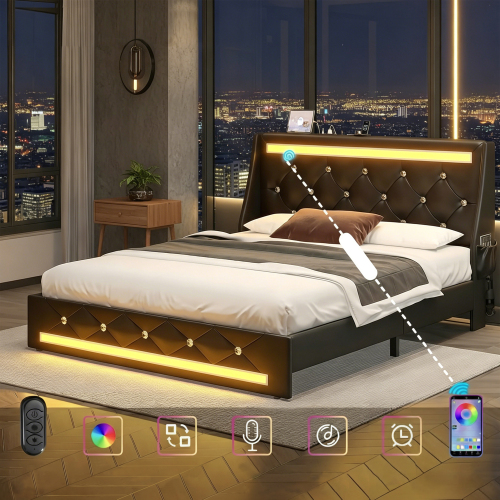 Queen Size Bed Frame with LED Lights, Upholstered Bed Frame with Charging Station, Platform Bed with Diamond Headboard, Wooden Slats, Easy Assembly, No Box Spring Needed, Noise Free, Black - Faux Leather,Metal & Wood - Foam - Modern - Metal - Bedroom - Box Spring Not Required - Faux Leather