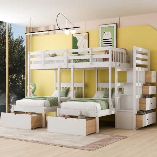 Full Over Twin & Twin Bunk Bed, Wood Triple Bunk Bed with Drawers and Guardrails,White (OLC SKU:LT000443AAK-1) - Solid Wood - Solid Wood