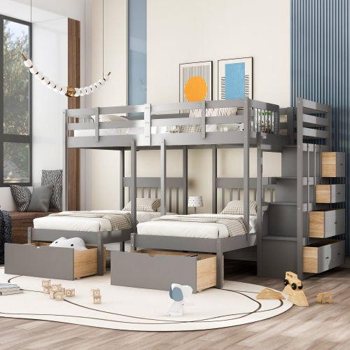 Full Over Twin & Twin Bunk Bed, Wood Triple Bunk Bed with Drawers and Guardrails,Gray ( OLD SKU:LT000443AAE-1) - Solid Wood - Solid Wood