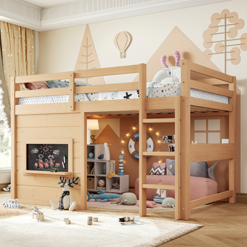 Twin Size loft bed with a playful sliding chalkboard, built-in bookshelf, and high-quality safety rails,Light Natural - MDF,Pine,Plywood - MDF