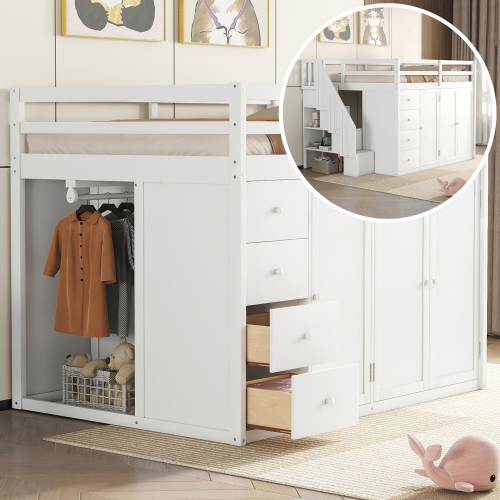 Full Size Wood Loft Bed With Built-in Wardrobes, Cabinets and Drawers, White - Solid Wood+MDF - Solid Wood
