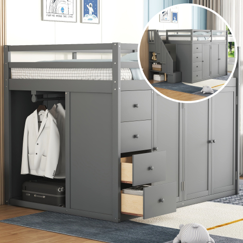 Full Size Wood Loft Bed With Built-in Wardrobes, Cabinets and Drawers, Gray - Solid Wood+MDF - Solid Wood