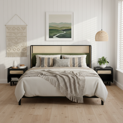 Queen Size Bed Frame with Green Headboard, Black with Green Solid Wood  Bed, No Box Spring Required, Modern Bedroom Furniture - Black,Green - Solid Wood+MDF