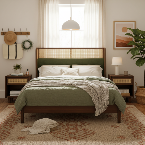Queen Size Bed Frame with Green Headboard, Walnut with Green Solid Wood  Bed, No Box Spring Required, Modern Bedroom Furniture - Green,Walnut - Solid Wood+MDF