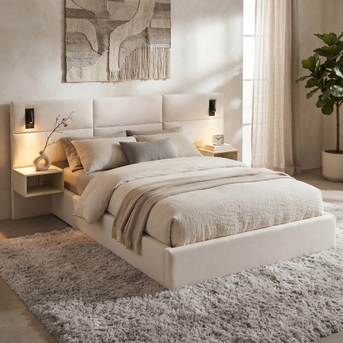 Soft, Comfortable, Luxurious Upholstered Smart Bed with Reading Light,Queen - White - Wood+Fabric - Foam - Bed Frame - Chenille - Iron