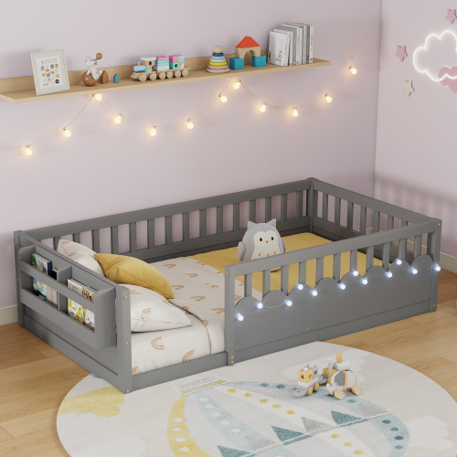 Twin Montessori Floor Bed Frame with High Rails, Wood Kids Floor Beds with Light and Storage Shelf, Gray (Old SKU W2593P333797 ) - Grey - Pine