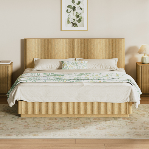 Kind Size Bed Frame with LED Lights, Modern Wooden Corrugated Curved Lines, Convex Groove Board Design, Oak. - MDF+Steel - Bedroom - King