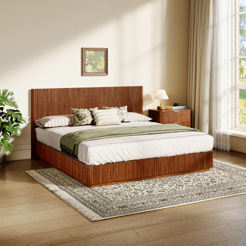 Kind Size Bed Frame with LED Lights, Modern Wooden Corrugated Curved Lines, Convex Groove Board Design, Walnut. - MDF+Steel - Bedroom - King