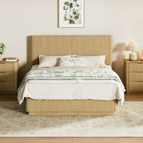 Queen Size Bed Frame with LED Lights, Modern Wooden Corrugated Curved Lines, Convex Groove Board Design, Oak. - MDF+Steel - Bedroom - Box Spring Not Required