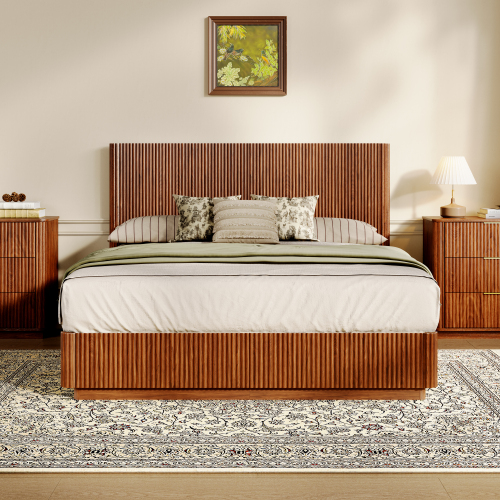 Queen Size Bed Frame with LED Lights, Modern Wooden Corrugated Curved Lines, Convex Groove Board Design, Walnut. - MDF+Steel - Bedroom - Box Spring Not Required