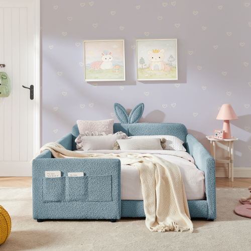 Full Size Upholstered Platform Bed with Cute Rabbit Ear Shaped Headboard, with Safety Rail and Pocket, Boucle Fabric, Sky Blue - Bedroom - Bed Frame - Box Spring Not Required