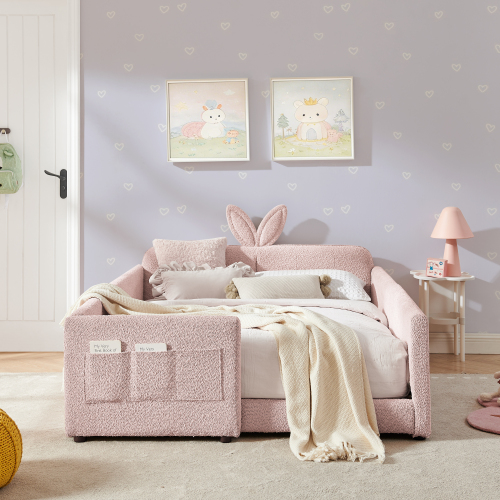 Full Size Upholstered Platform Bed with Cute Rabbit Ear Shaped Headboard, with Safety Rail and Pocket, Boucle Fabric, Pink - Bedroom - Bed Frame - Box Spring Not Required