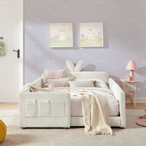 Full Size Upholstered Platform Bed with Cute Rabbit Ear Shaped Headboard, with Safety Rail and Pocket, Boucle Fabric, Beige - Bedroom - Bed Frame - Box Spring Not Required