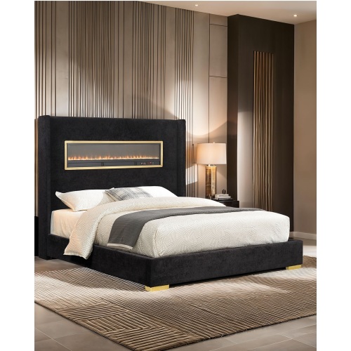 Contemporary Style Black Color 1pc Eastern King Size Bed Upholstered Fabric Bedroom Furniture Platform Bedframe - Black,Multi - Acacia Wood,Engineered Wood,Fabric,Plastic,Stainless Steel - Contemporary,Modern,Traditional - Bed Frame - Box Spring Not Required - Wood