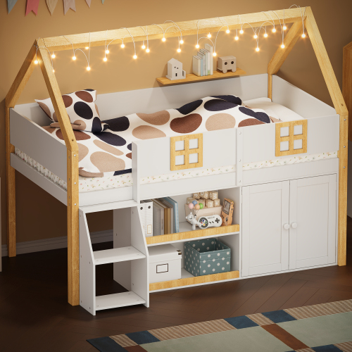 Full-size low loft bed with Step Staircase, Shelving, Cabinets and LED lights, White and Natural - Natural+White - Solid Wood+MDF