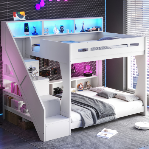 Full Over Full Gaming Bunk Bed with Staircase & LED Lights, USB Charging, Storage Shelves & , Space-Saving Bunk Bed Frame for Kids Teens Bedroom Gaming Room, White - MDF,Pine,Plywood