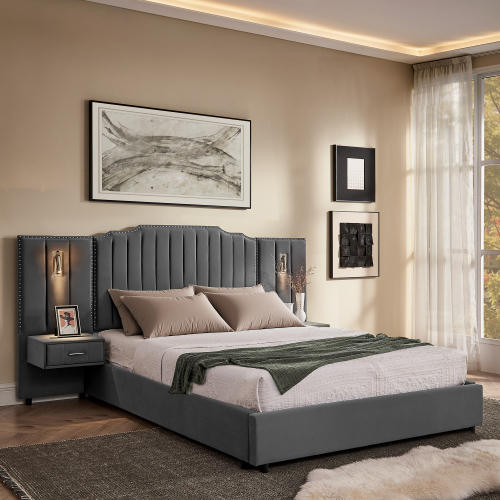 Queen Size Upholstered Bed Frame with Velvet Fabric, Vertical Stripe Design with Buttons Around Platform Bed with Headboard, Solid Frame & Bedside Table - No Box Spring Needed-Gray - MDF