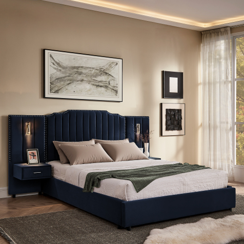 Queen Size Upholstered Bed Frame with Velvet Fabric, Vertical Stripe Design with Buttons Around Platform Bed with Headboard, Solid Frame & Bedside Table - No Box Spring Needed-Dark Blue - MDF