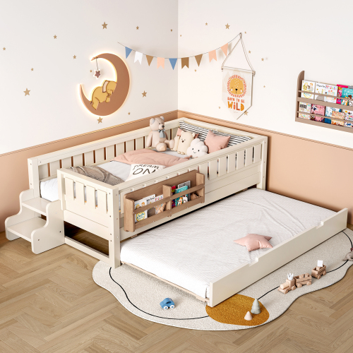 Twin with built-in bookshelves and small staircase, high-quality safety rails, and Trundle, Beige - MDF,Pine,Plywood - Not Specified