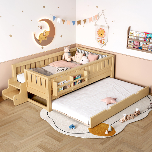 Twin with built-in bookshelves and small staircase, high-quality safety rails, and Trundle,Light Natural - MDF,Pine,Plywood - MDF
