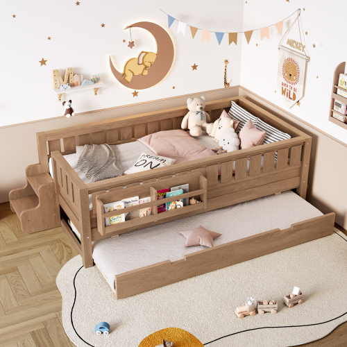Twin with built-in bookshelves and small staircase, high-quality safety rails, and Trundle,Natural - MDF,Pine,Plywood - MDF
