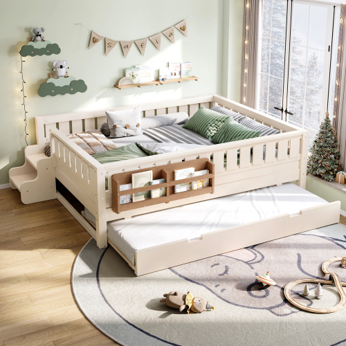 Full with built-in bookshelves and small staircase, high-quality safety rails, and Trundle,Beige - MDF,Pine,Plywood - Not Specified