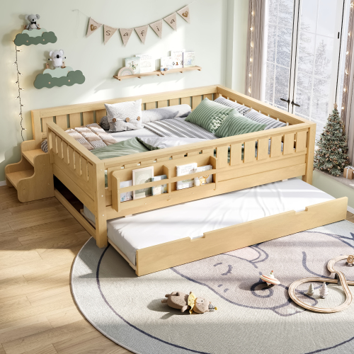 Full with built-in bookshelves and small staircase, high-quality safety rails, and Trundle,Light Natural - MDF,Pine,Plywood - MDF