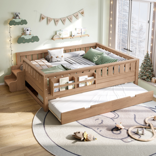 Full with built-in bookshelves and small staircase, high-quality safety rails, and Trundle,Natural - MDF,Pine,Plywood - MDF