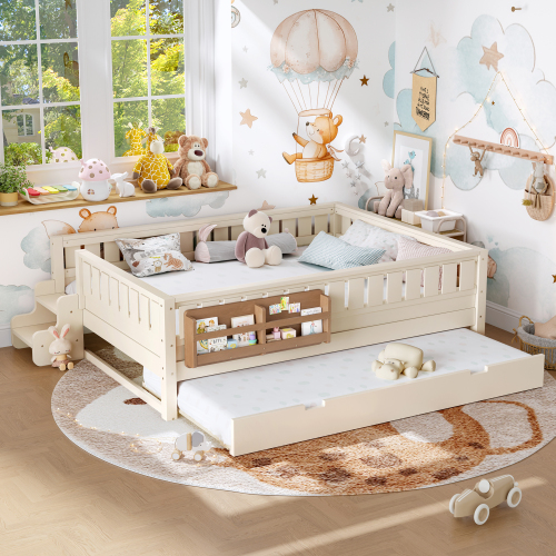 Queen with built-in bookshelves and small staircase, high-quality safety rails, and Trundle,Beige - MDF,Pine,Plywood - Not Specified