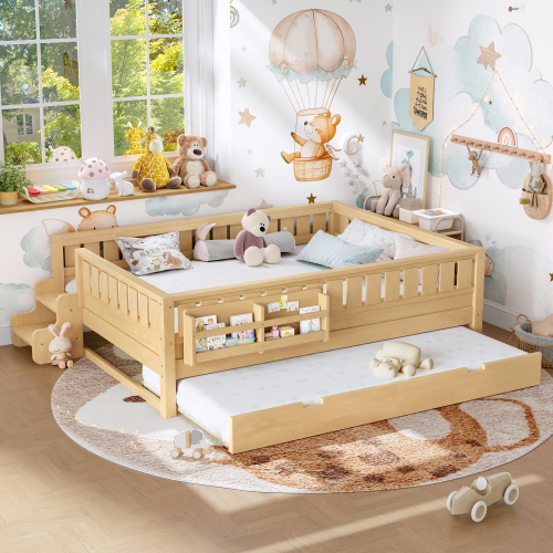 Queen with built-in bookshelves and small staircase, high-quality safety rails, and Trundle,Light Natural - MDF,Pine,Plywood - MDF