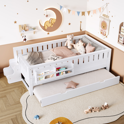Twin with built-in bookshelves and small staircase, high-quality safety rails, and Trundle,White - MDF,Pine,Plywood - MDF