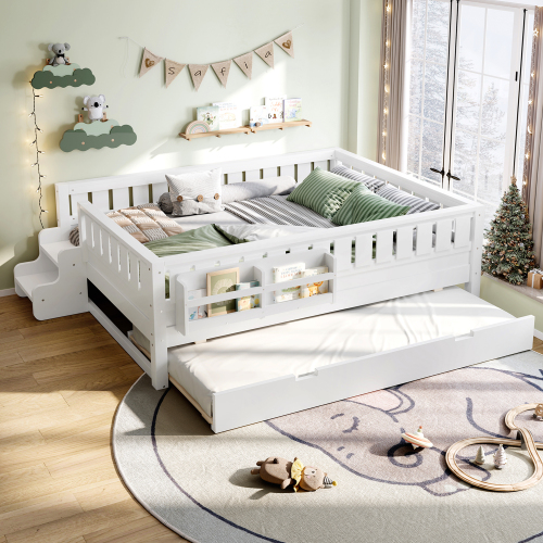 Full with built-in bookshelves and small staircase, high-quality safety rails, and Trundle,White - MDF,Pine,Plywood - MDF