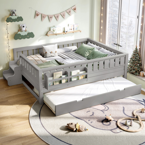 Full with built-in bookshelves and small staircase, high-quality safety rails, and Trundle,Gray - MDF,Pine,Plywood - MDF