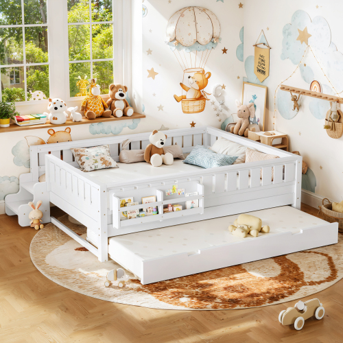 Queen with built-in bookshelves and small staircase, high-quality safety rails, and Trundle,White - MDF,Pine,Plywood - MDF