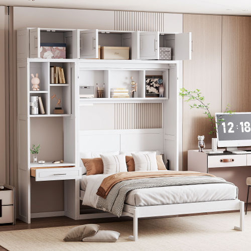 Full Size Wall Murphy Bed with Desk, Top Cabinet and Storage Shelves, Space Saving Foldable Bed,White (OLC SKU: N708S00020K) - MDF+LVL - MDF